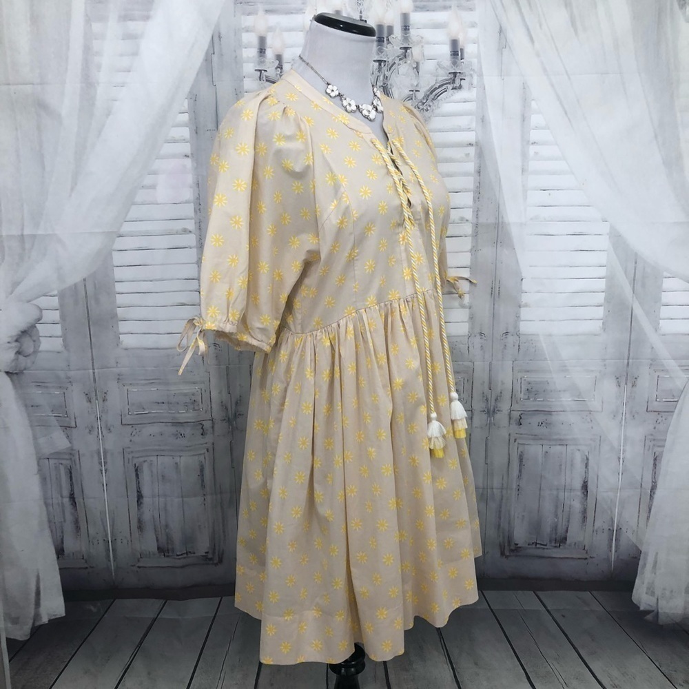Chelsea & Violet Large Dress Yellow Floral Cotton Short Sleeve Tassels V Neck - Picture 6 of 11